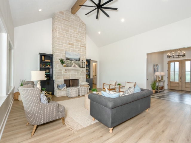 Modern farmhouse living room of the Lakecrest Project built by LaFollette Custom Homes.