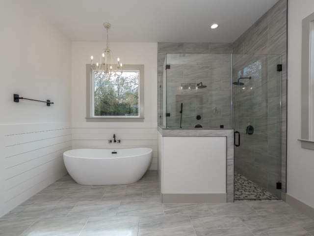 The Hovey Project&#039;s master bath with white and grey accents by LaFollette Custom Homes.