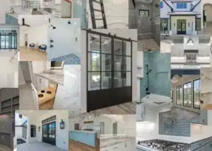 Collage of a modern house interior showing different rooms in a baby blue and white color scheme, including the living room, kitchen, bedroom, and bathroom.